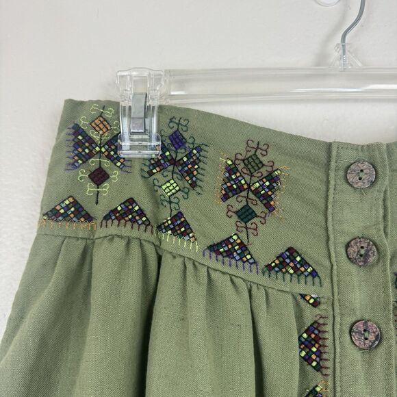 Anthropologie Maeve Embroidered Linen Cotton Button Front Smocked Skirt Green 6 - Picture 3 of 16